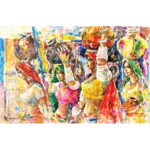 Moazzam Ali, Rural Symphony Series, 48 x 72 Inch, Watercolor on Paper, Figurative Painting, AC-MOZ-146